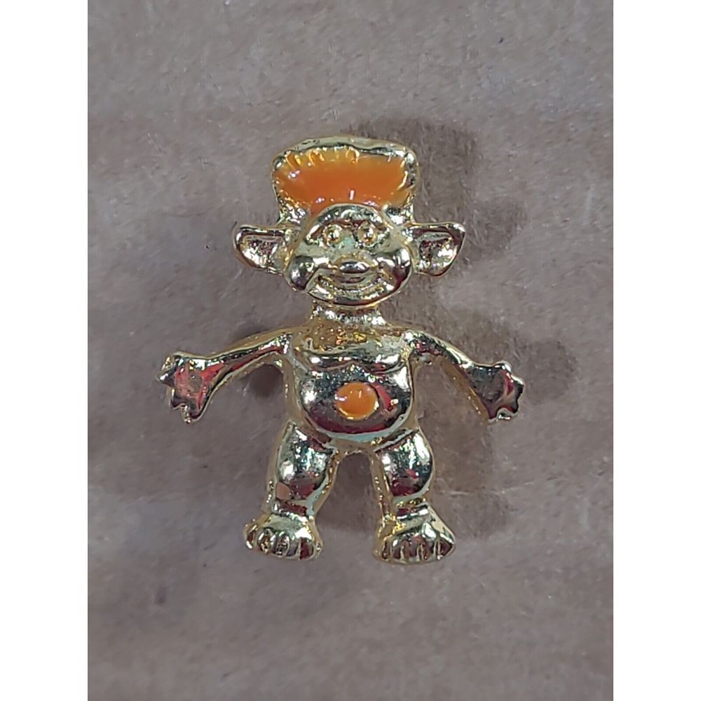 Vintage Gold Tone Troll Doll Tack Lapel Hat Strap PIN Orange Hair